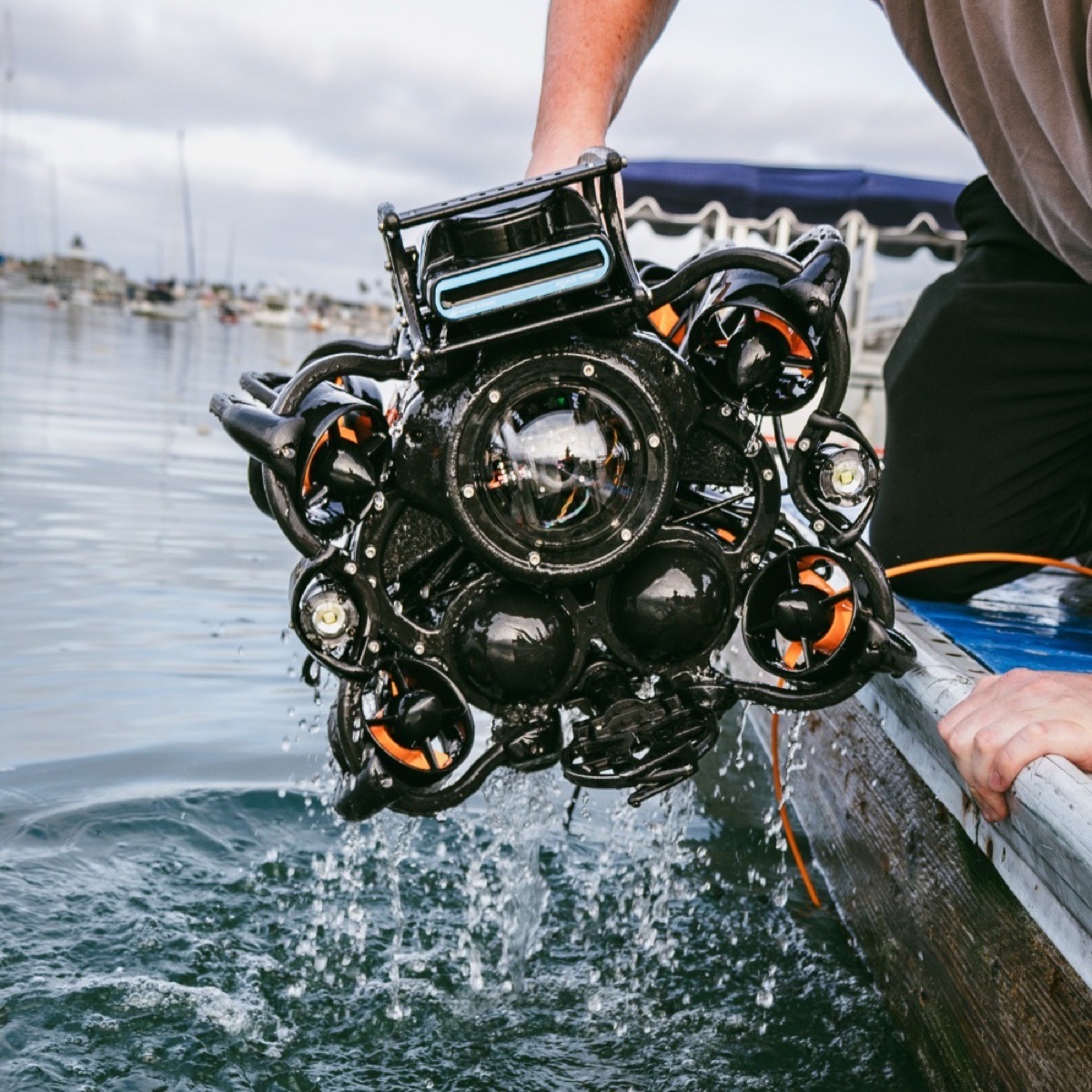 Oceanbotics underwater ROV being lowered into the water